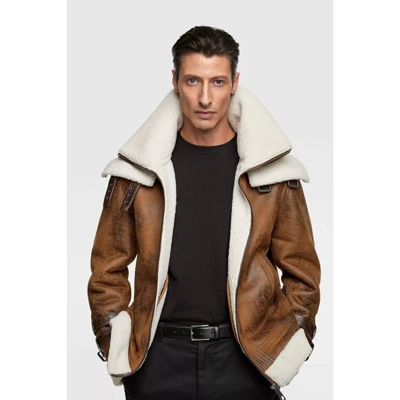 Zara Faux Leather Sherpa Lined Aviator Style Contrast Double Collar Jacket Large - Picture 13 of 13